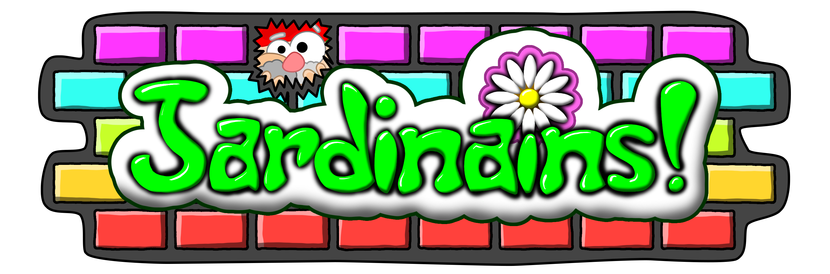 Jardinains promo screen: an image showing the Jardinains! logo on a brick background. A nain is poking its head through a hole in the brick background.